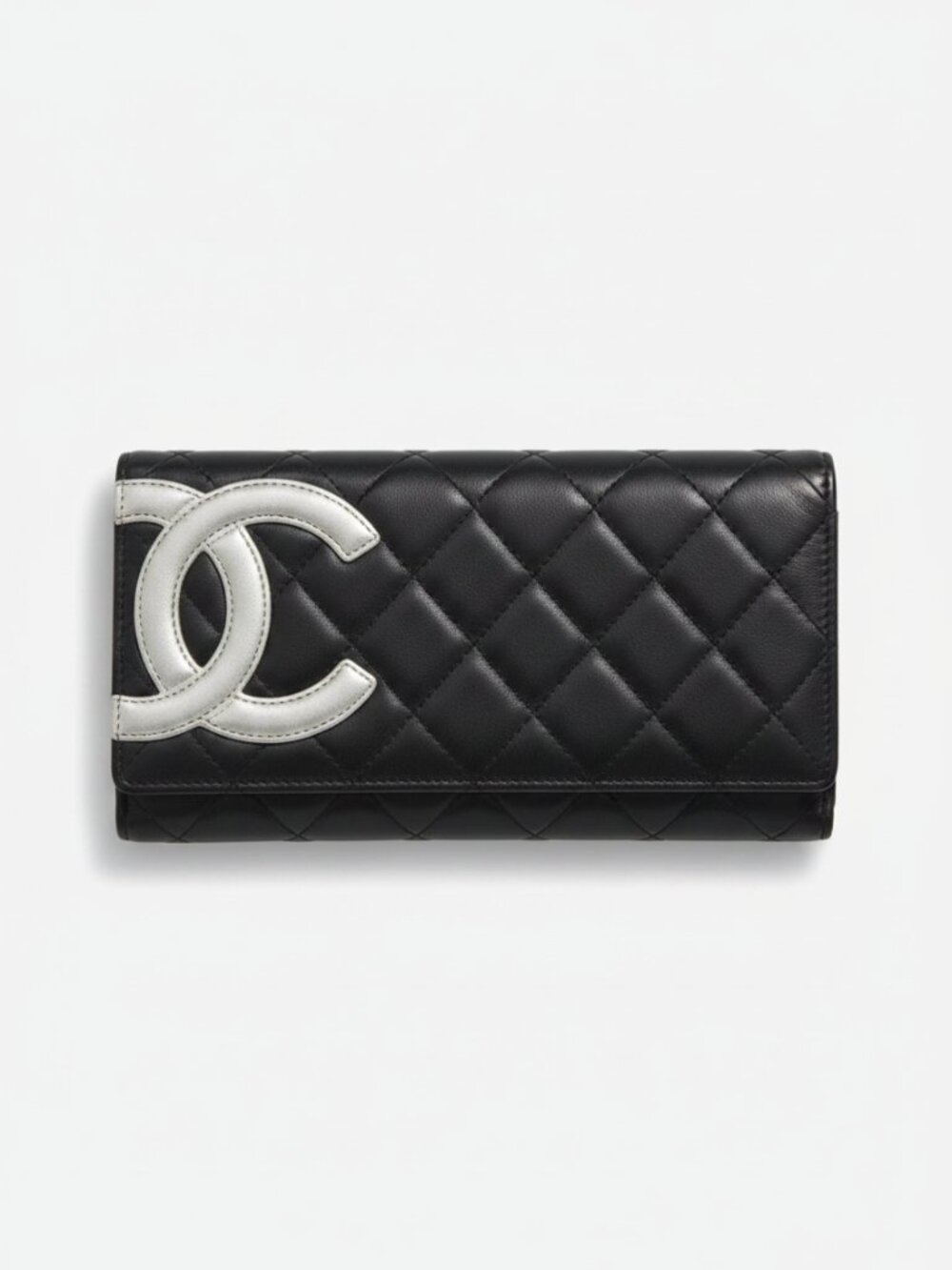 Chanel Cambon Line Black Quilted Calfskin Long Wallet Silver CC